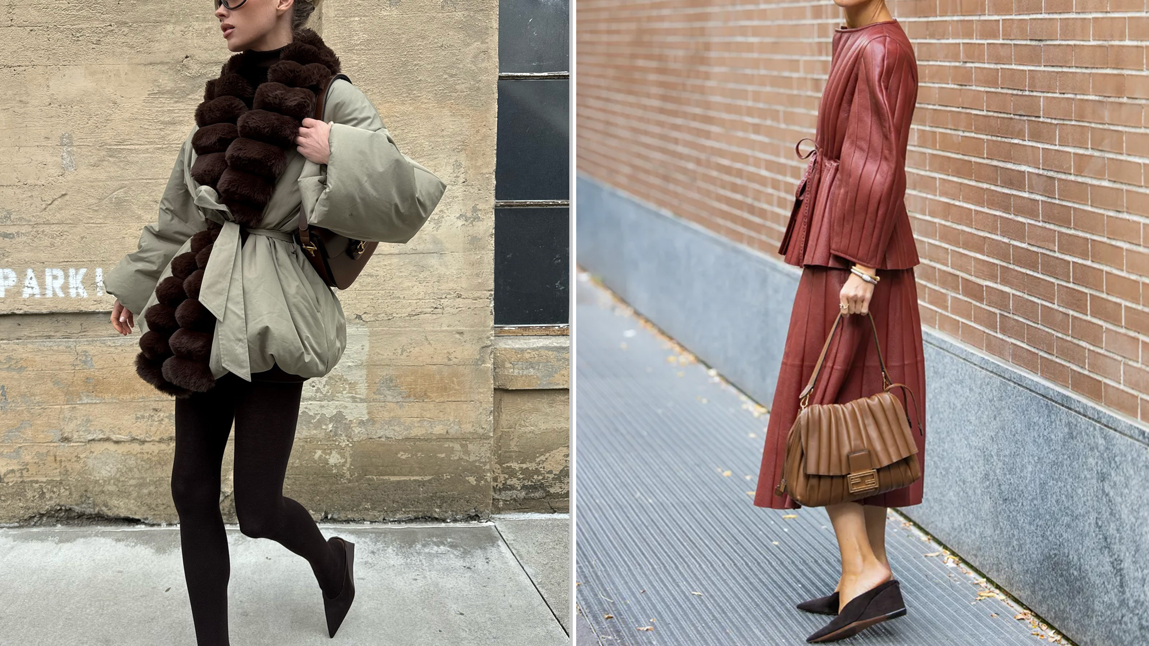 A collage of two women wearing closed-toe wedge mules.