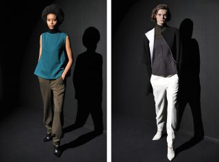 Left, a colour block zip sweater with bright-white trousers. Right, a turquoise tunic matched with slouchy olive trousers