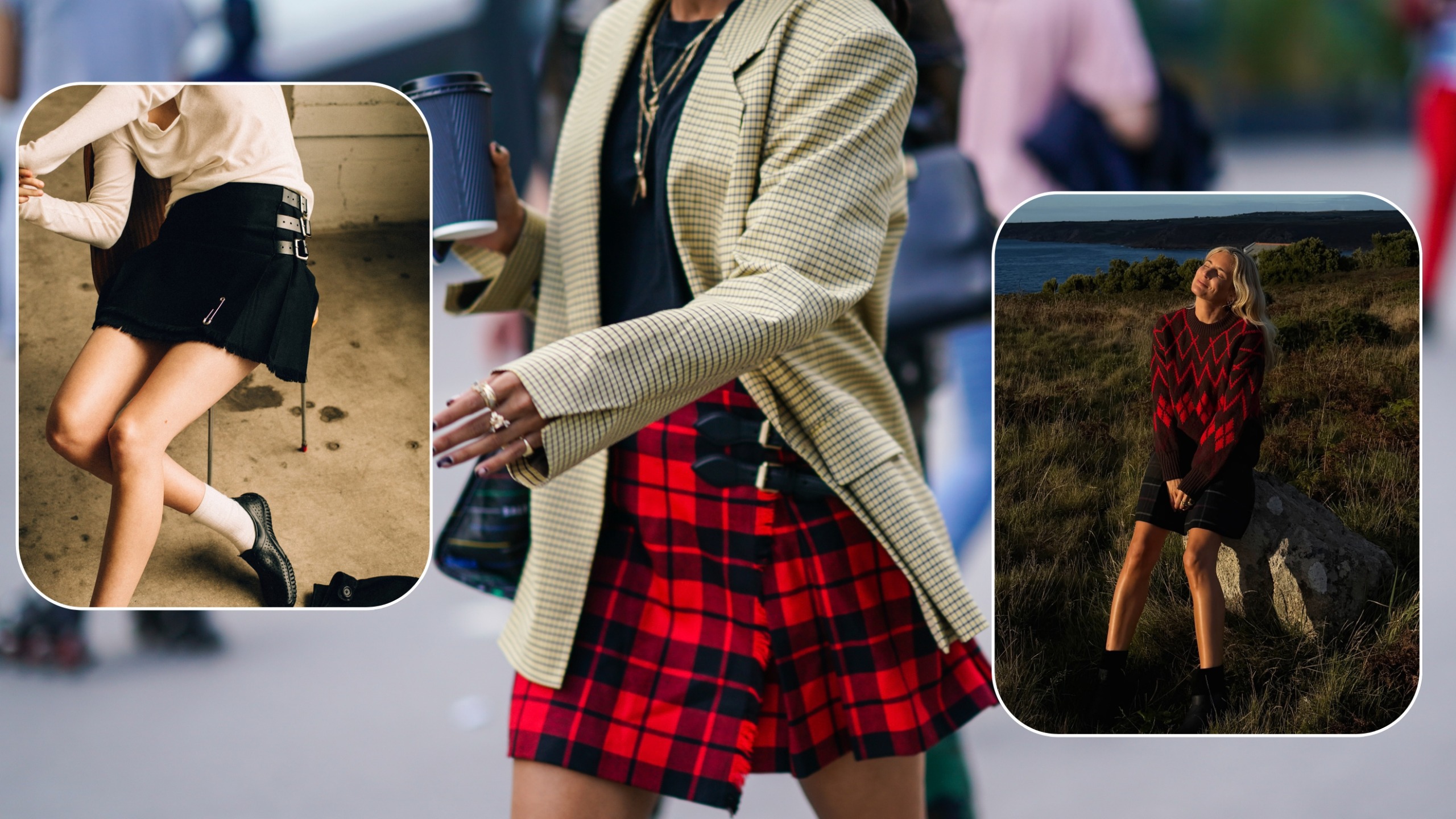 how to wear a kilt skirt in 2026: collage of street style images showing how to style a kilt skirt 