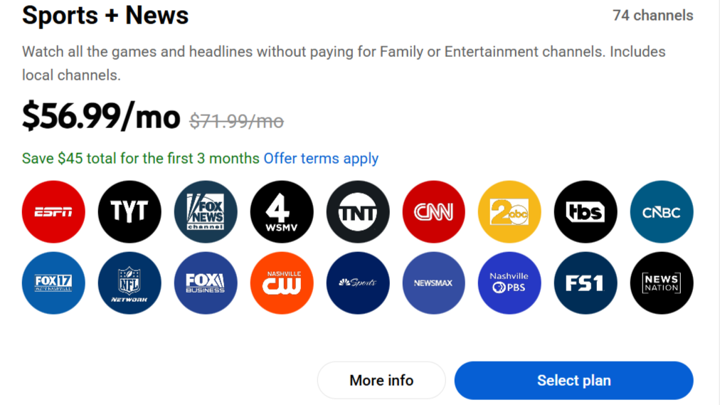 YouTube TV Sports and News plan