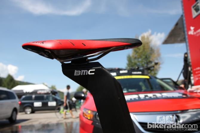 While some riders have opted for saddles with dramatic cutouts for time trials, Van Garderen rides a standard Fi'zi:k Arione
