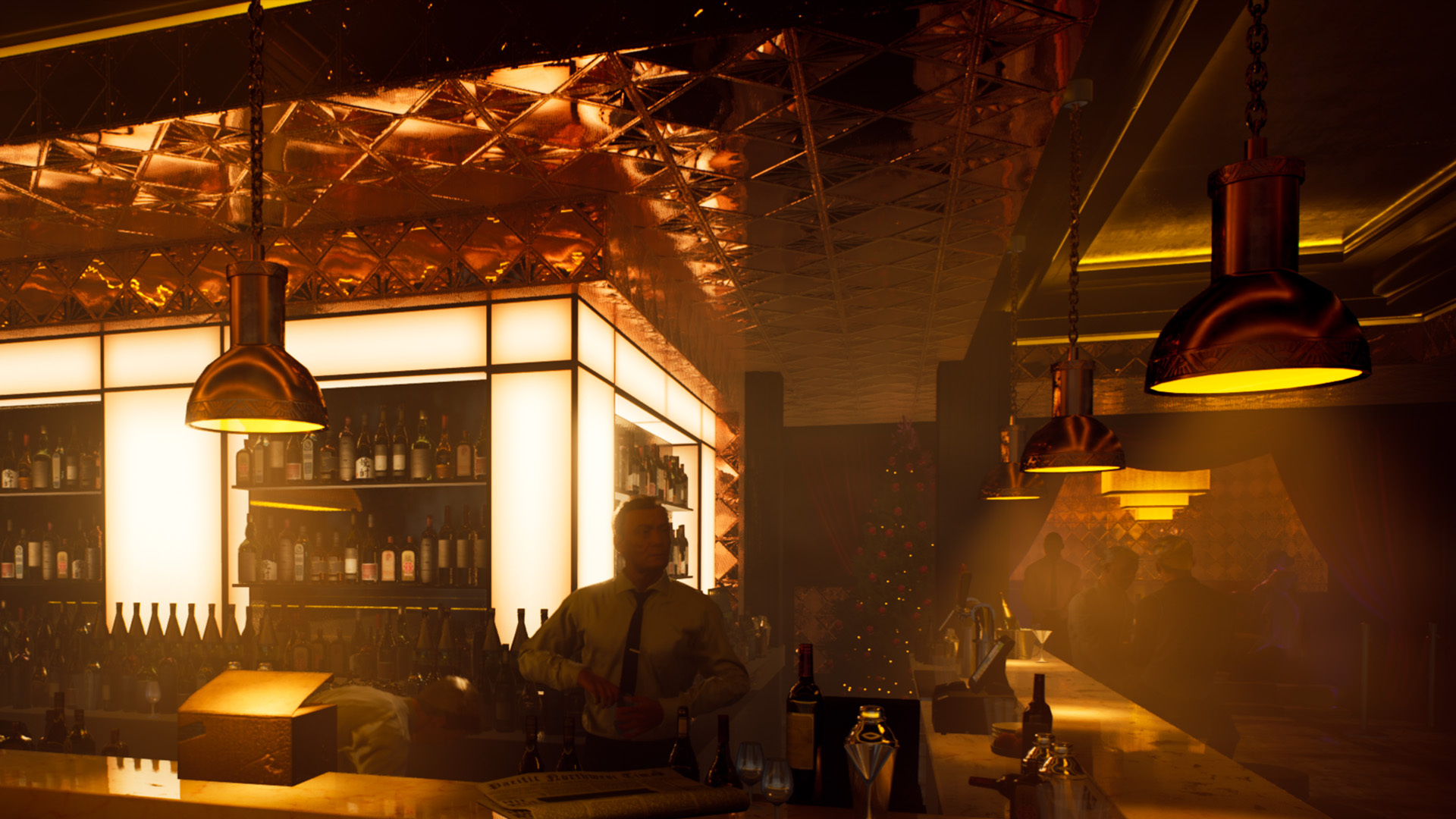 screenshot of upscale bar at christmastime