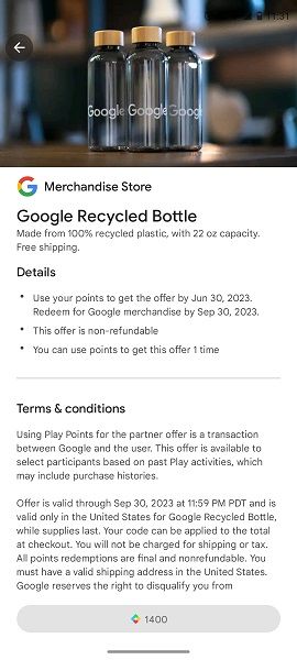 Google's recycled water bottle offer available for Play Points.