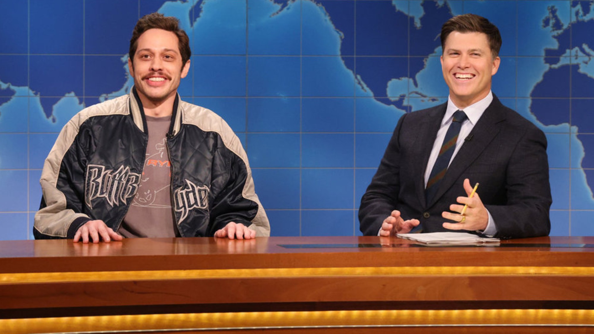 Pete Davidson and Colin Jost talking about their Staten Island Ferry on Weekend Update on Saturday Night Live.