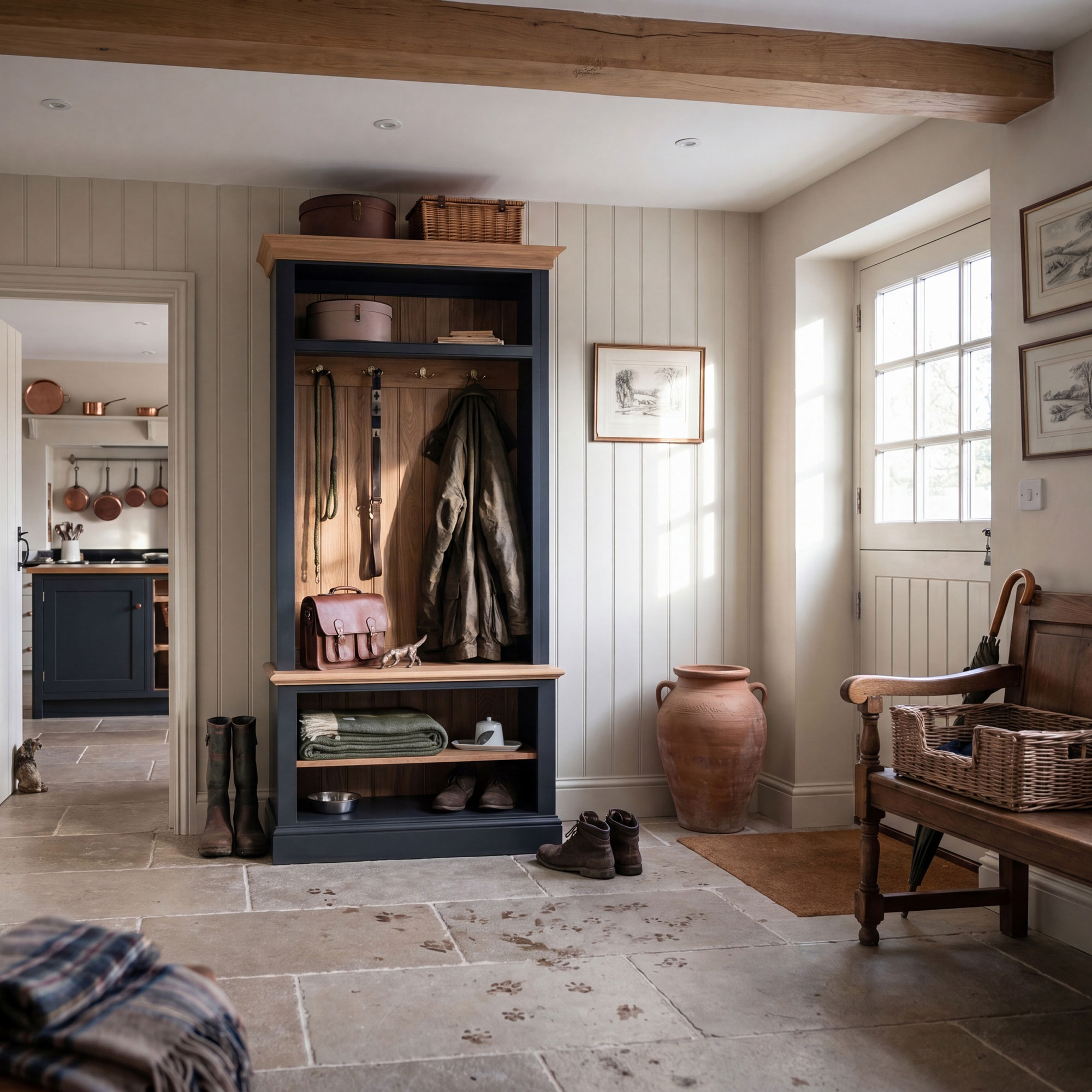 boot room entrance hallway with hallway storage and stone floor