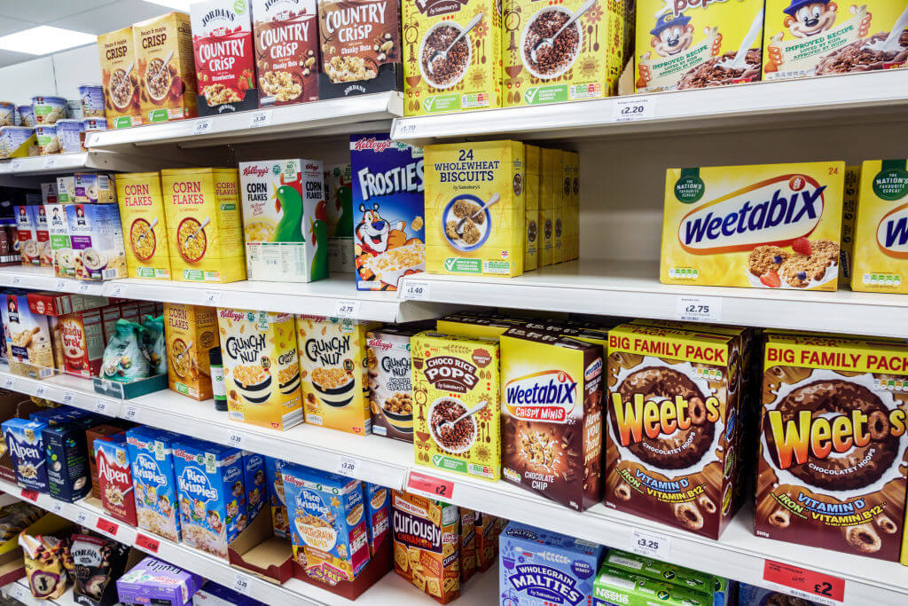 Sainsburys convenience store, breakfast cereal aisle