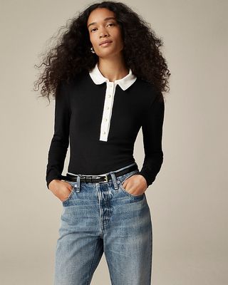 Long-Sleeve Polo-Style Top in Refined Rib