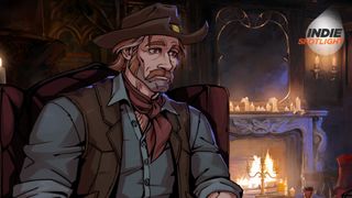 Vampire Therapist: A close of shot of wild west gunslinger Sam with the Indie Spotlight logo