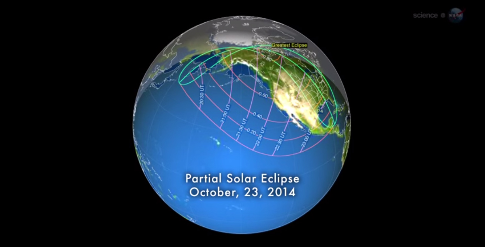 This graphic, provided by NASA, shows which parts of the globe will be able to see the partial solar eclipse of Oct. 23, 2014. 