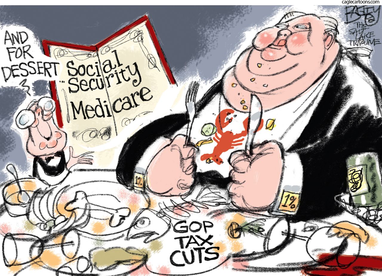 Political cartoon U.S. GOP tax cuts social security medicare the one percent