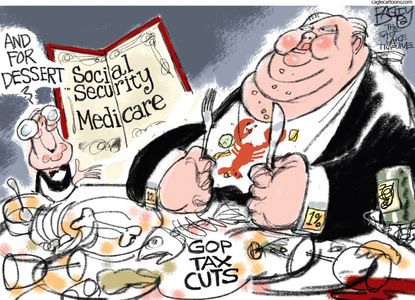 Political cartoon U.S. GOP tax cuts social security medicare the one percent