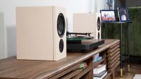 PSB iQ2 - Lifestyle - Left side on credenza with turntable - Beige - no Grille