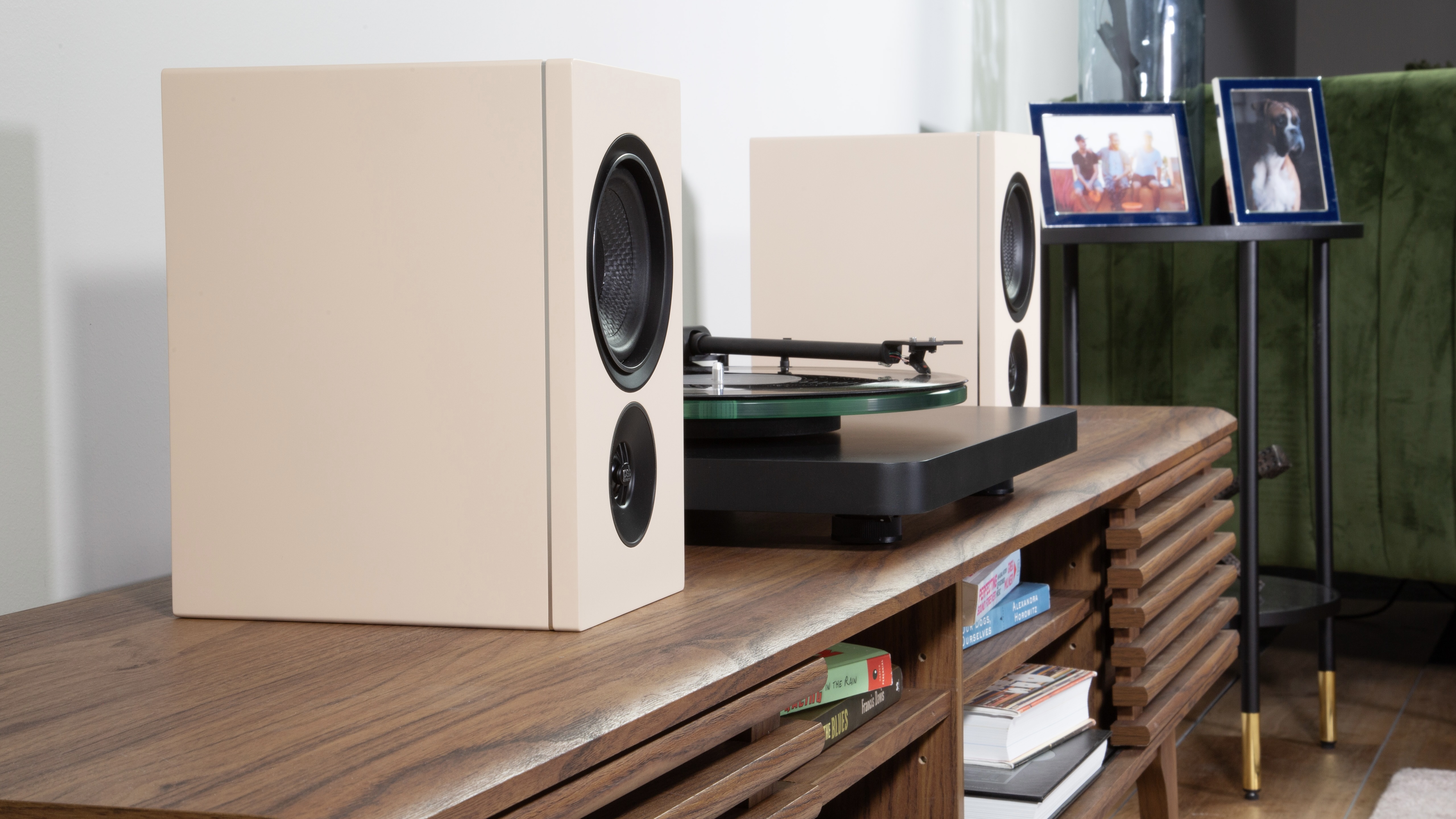 PSB iQ2 - Lifestyle - Left side on credenza with turntable - Beige - no Grille