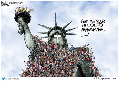 Political cartoon U.S. Statue of Liberty migrants seeking asylum immigration policy