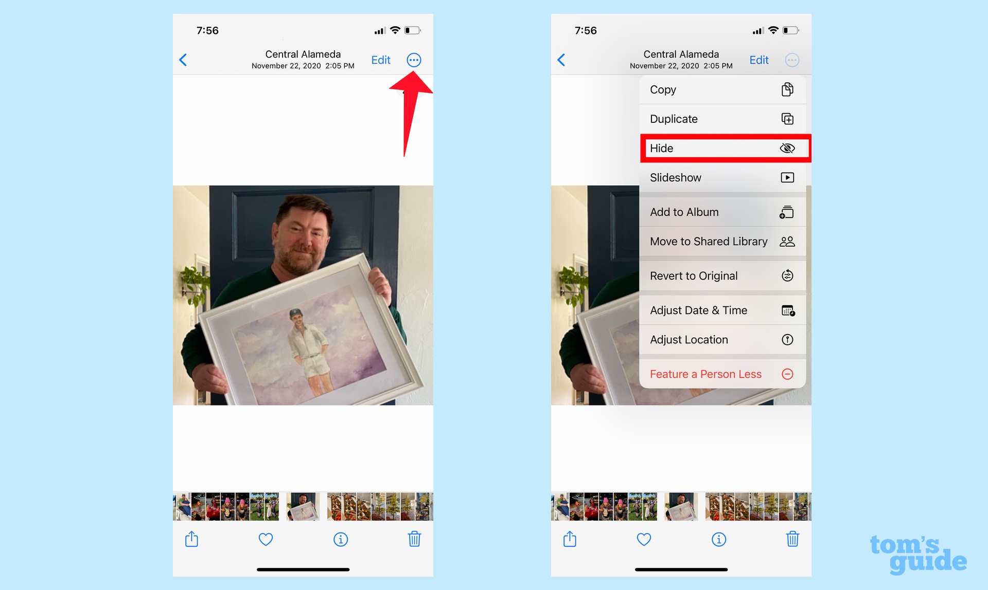 Hide photos on iPhone from the dropdown menu[非表示]Choose