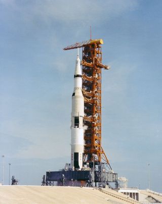 Mobile Launcher-1 (ML-1), which was later redesignated as Mobile Launch Platform-3 (MLP-3), is seen at the moment of ignition of the Saturn V rocket carrying the Apollo 11 crew to the moon.