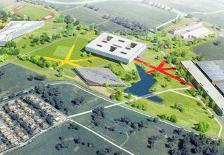 Aerial plan of the big Adidas Campus South complex with red and yellow star-shaped connecting structures