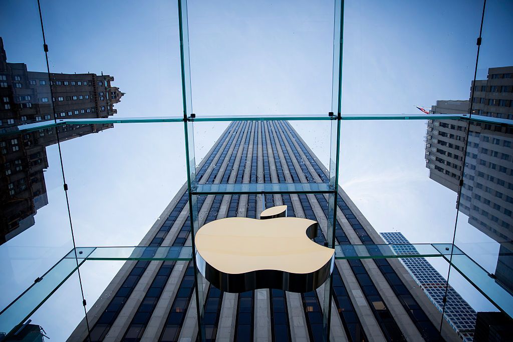 The Apple logo is displayed at the Apple Store June 17, 2015 on Fifth Avenue in New York City.