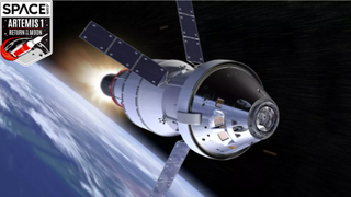 An artist's illustration of NASA's Artemis 1 Orion spacecraft on its way to the moon.