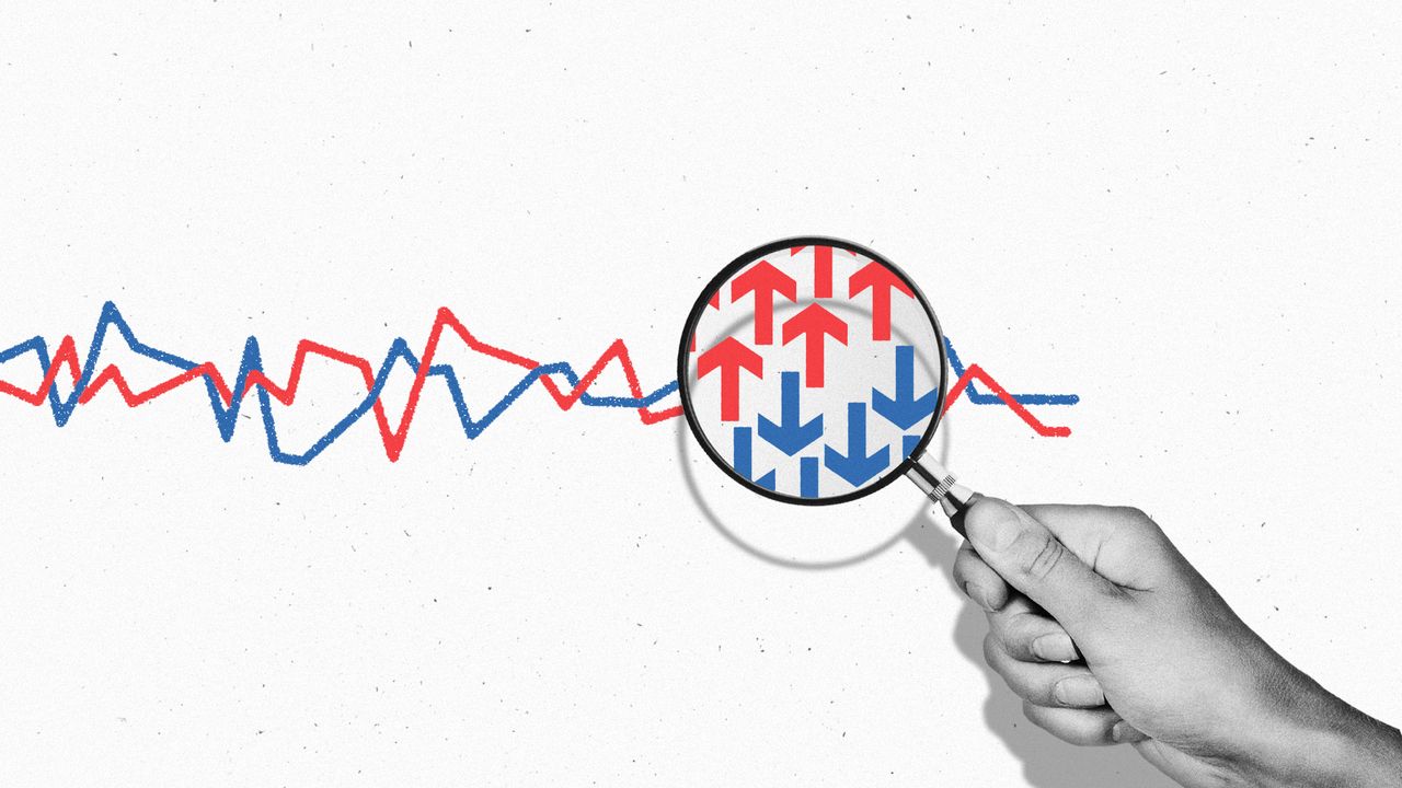 Illustration of a hand holding magnifying glass up to a polling chart, showing detail of arrows pointing up and down