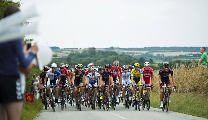 The peloton stretched across the road
