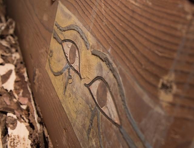 Well-preserved Wadjet eyes are seen on one of the two coffins where the mummy of Shemai was discovered. He was found in an inner and outer coffin. 