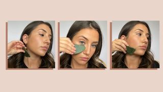 Woman and Home's beauty assistant shows how to use gua sha. The first image shows Darcy using the tool on her neck with the double ended side. The second image shows Darcy using the thin end of the tool around her eye area. The third image shows Darcy using the double ended side on her jaw line.