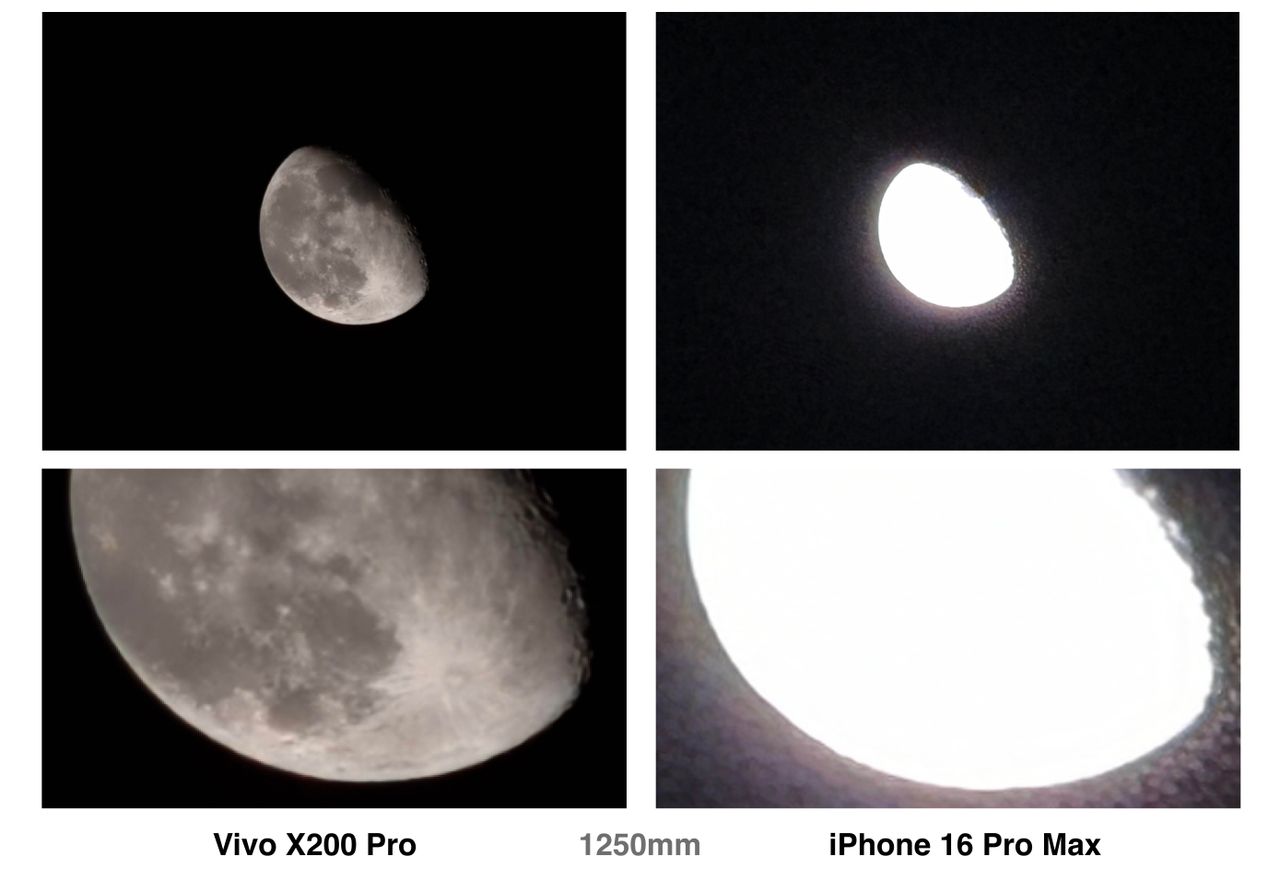 A comparison of Vivo X200 Pro and iPhone 16 Pro photos of the moon.