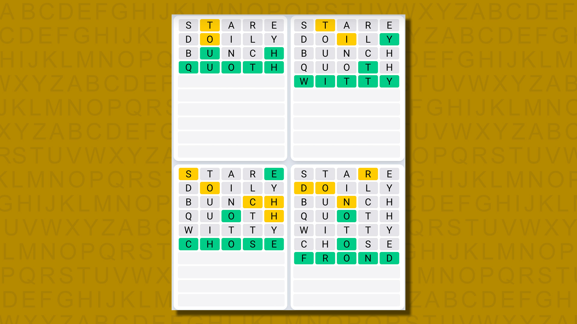 Quordle daily sequence answers for game 655 on yellow background