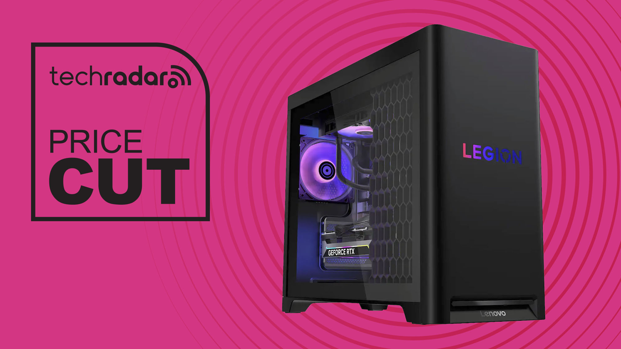 Lenovo Legion Tower 5i Gaming Desktop on pink background with TechRadar price cut sign