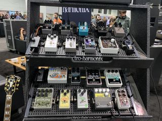 Electro-Harmonix pedals and pedalboards, displayed at the 2023 NAMM show