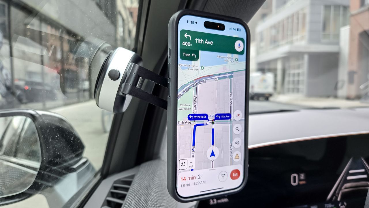 Portable Vacuum Magnetic Phone Holder Stand against windshield.