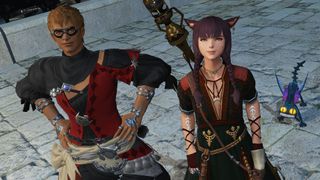 Final Fantasy 14 - A miqo'te Warrior of Light standing beside the Wandering Minstrel during a seasonal event