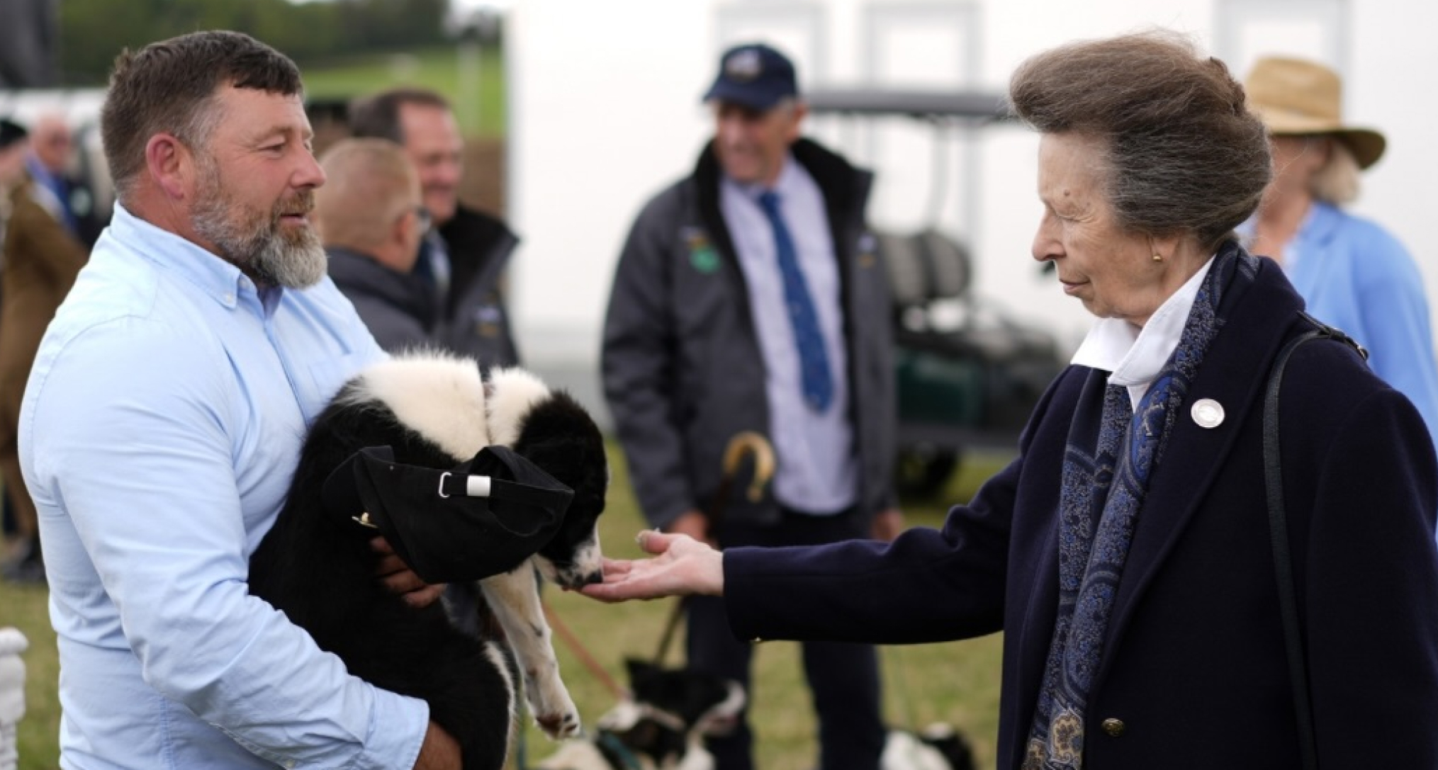 Princess Anne wearing a coat and paisley scarf petting a dog