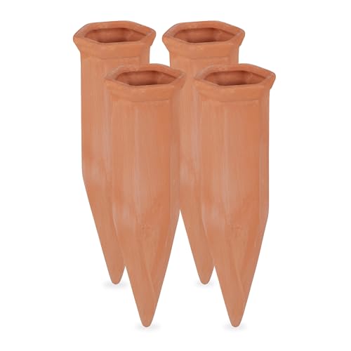 Relaxdays Clay Watering Cones, Set of 4, Plant Irrigation Kit, 1.5l Bottles, 17 X 5.5 X 5 Cm, Terracotta