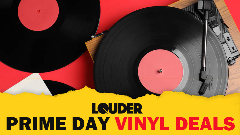 The main image for Louder's Amazon Prime Day vinyl deals hub showing an overhead view of a wooden turntable, along with two 12-inch records