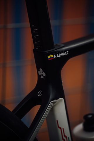 Jhonatan Narváez Colnago V4RS race bike seat tube cluster, showing his name sticker