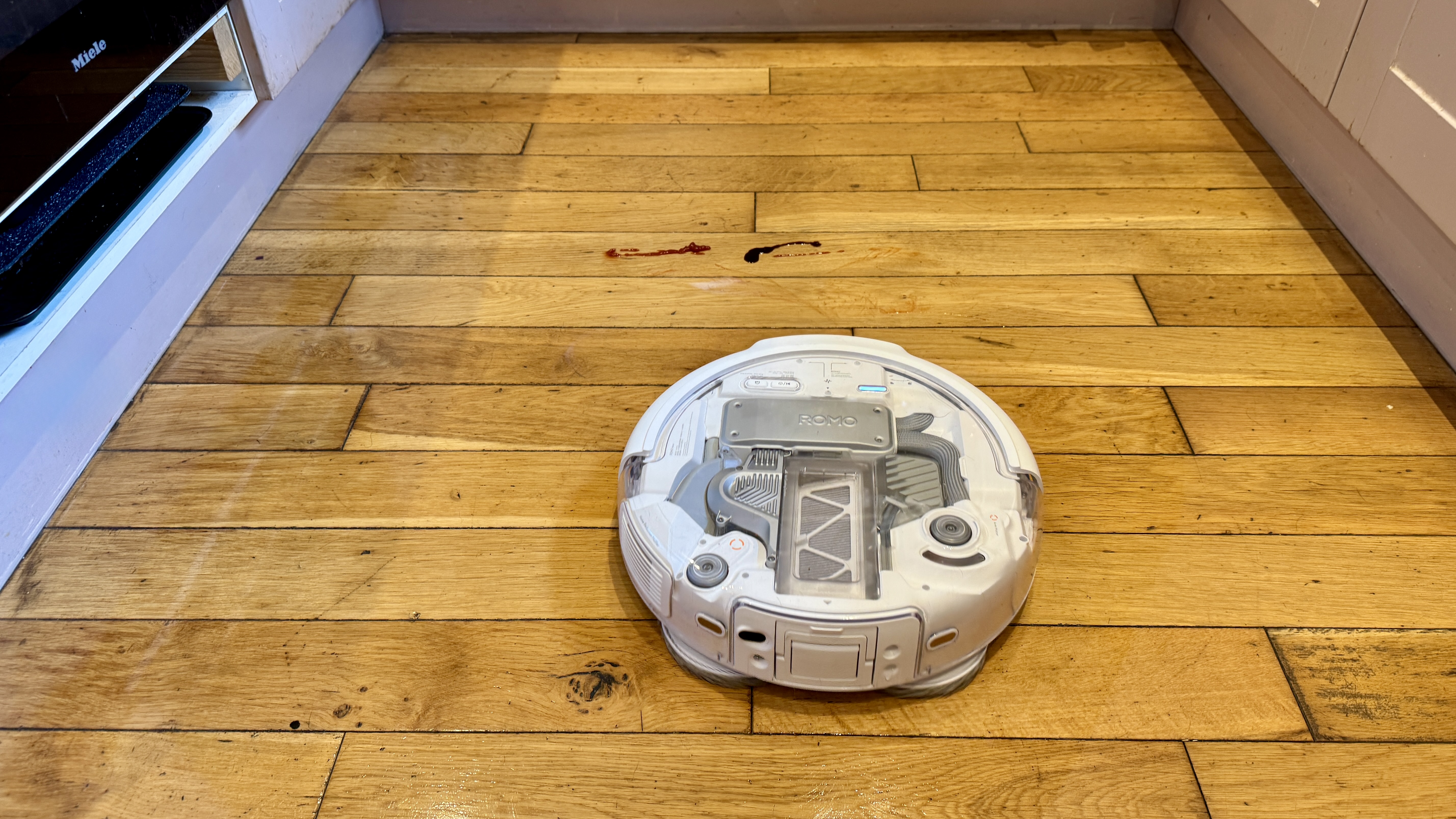 DJI Romo P robot vacuum after mopping hard floor