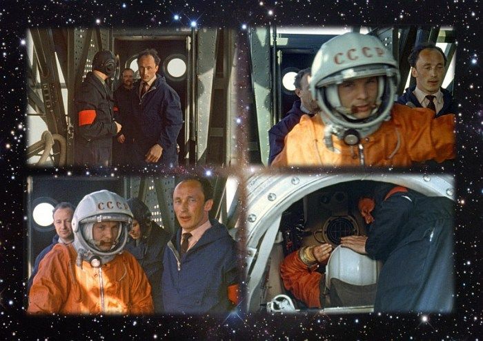 In this collage of photos posted by Russia's Federal Space Agency, cosmonaut Yuri Gagarin has arrived at the Vostok 1 spacecraft, and climbs inside ahead of the April 12, 1961 launch that made him the first human in space.