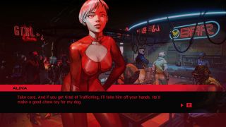 A woman in a revealing top leans forward in Ruiner, one of the best cyberpunk games