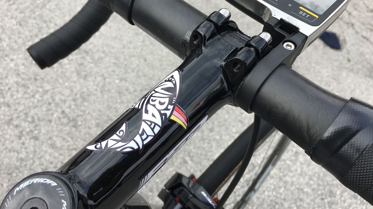 The 'Shark of Messina' has a custom sticker on his stem, with pink, yellow and red denoting his victories at all three Grand Tours