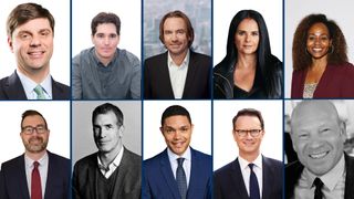 Top row from left: Brian Rolapp, Jason Kilar, Tom Ryan, Bela Bajaria (CR: Jessica Chou/Netflix), and Pearlena Igbokwe (CR: Phillip Faraone/WireImage). Bottom row from left: Brett Jenkins, Matt Sweeney, Trevor Noah (CR: Gavin Bond), Peter Rice, and Steven Rosenberg.