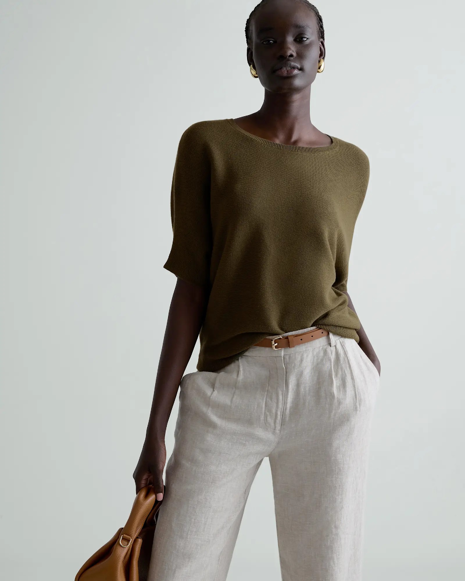 Lightweight Cotton Cashmere Link-Stitch Dolman Sweater in Olive