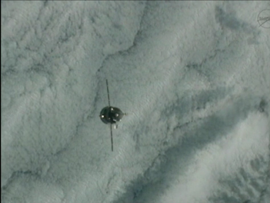 This still from a NASA broadcast shows the Russian Progress 46 spacecraft as it prepared to dock at the International Space Station on Jan. 27, 2012. 