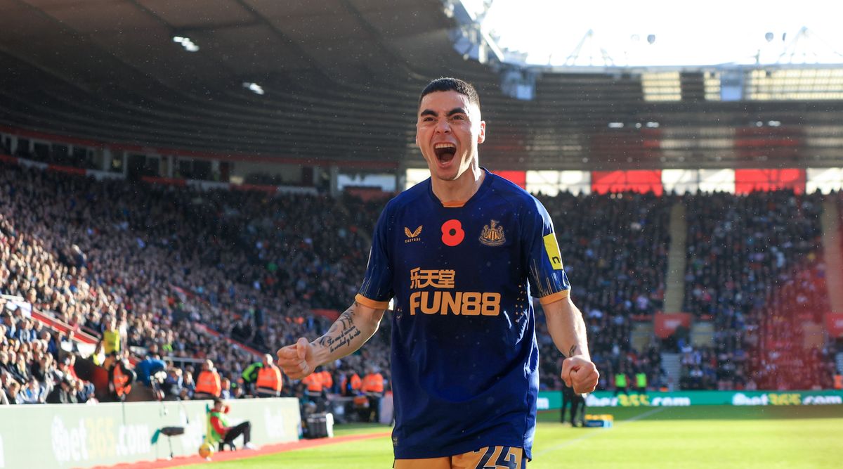 Newcastle United forward Miguel Almiron celebrates after scoring his team&#039;s opening goal in the Premier League match between Southampton and Newcastle United on 6 November, 2022 at St Mary&#039;s, Southampton, United Kingdom