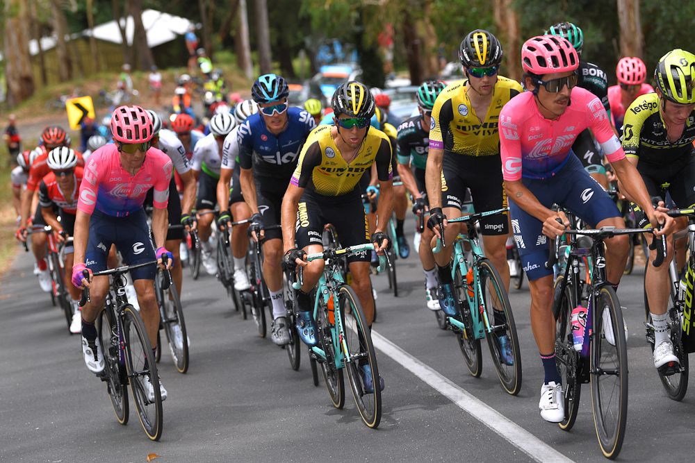 Lachan Morton (EF Education First) led the bunch up the final climb