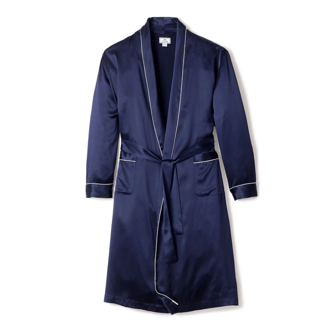 Men's Silk Long Robe in Navy