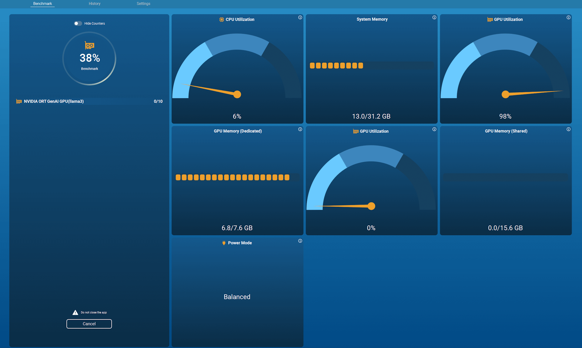 The user interface of the MLPerf Client 1.0 benchmark