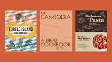 Book covers of 'Turtle Island: Foods and Traditions of the Indigenous Peoples of North America' by Sean Sherman, 'My Cambodia: A Khmer Cookbook' by Nite Yun, and 'Six Seasons of Pasta : Unique Seasonal Combinations and Must-Have Classics' by Joshua McFadden