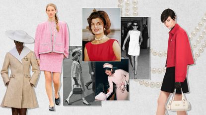 A graphic of Jackie Kennedy fashion trends featuring images of her wearing a leopard coat, red shift dress and peal necklace, pink skirt suit, and white shift dress with models from Louis Vuitton, Chanel, and Versace Resort 2025